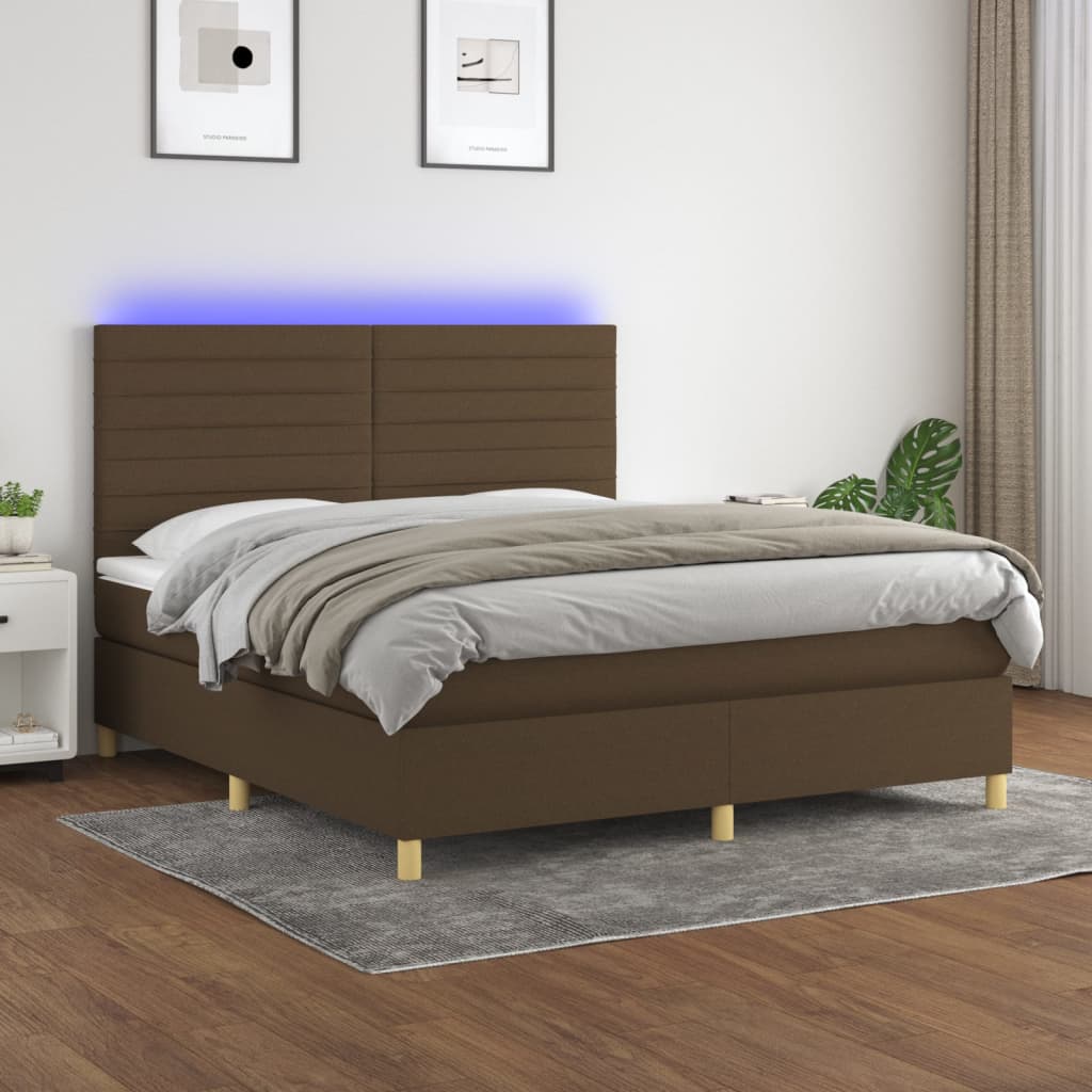 Cama box spring c/ colchão/LED 160x200cm tecido castanho-escuro