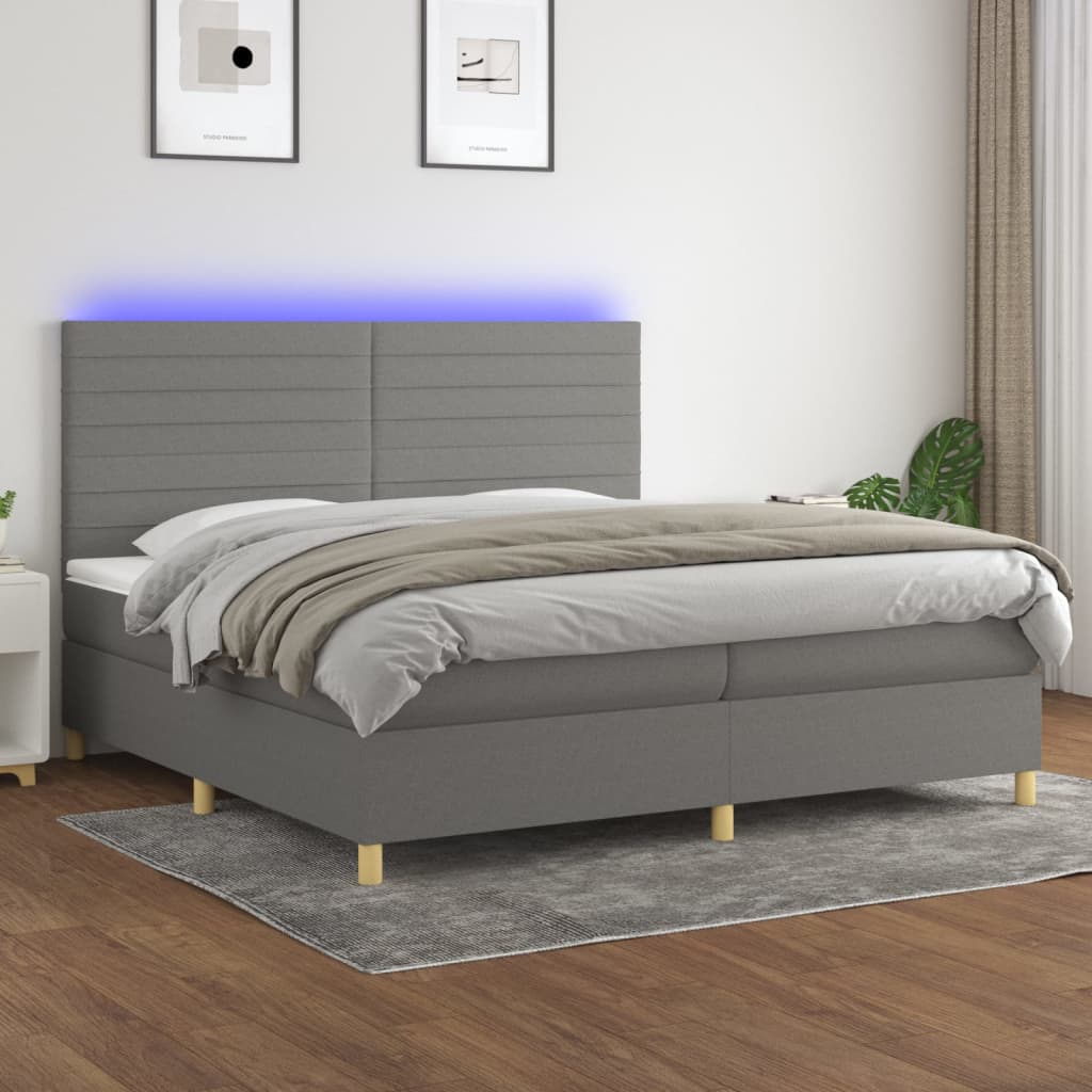 Cama box spring c/ colchão e LED 200x200 cm tecido cinza-escuro