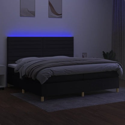 Cama box spring c/ colchão e LED 200x200 cm tecido preto