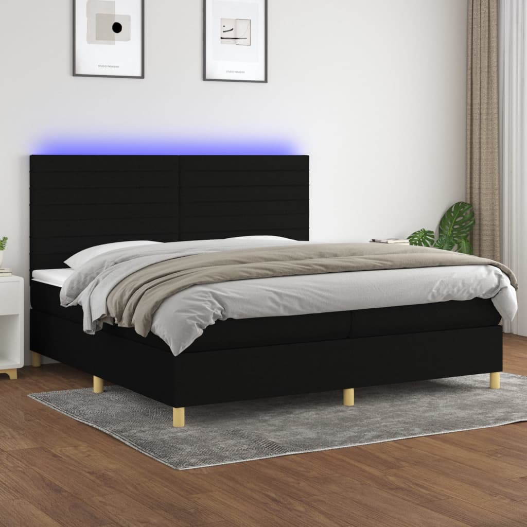 Cama box spring c/ colchão e LED 200x200 cm tecido preto