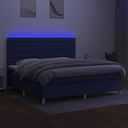 Cama box spring c/ colchão e LED 200x200 cm tecido azul