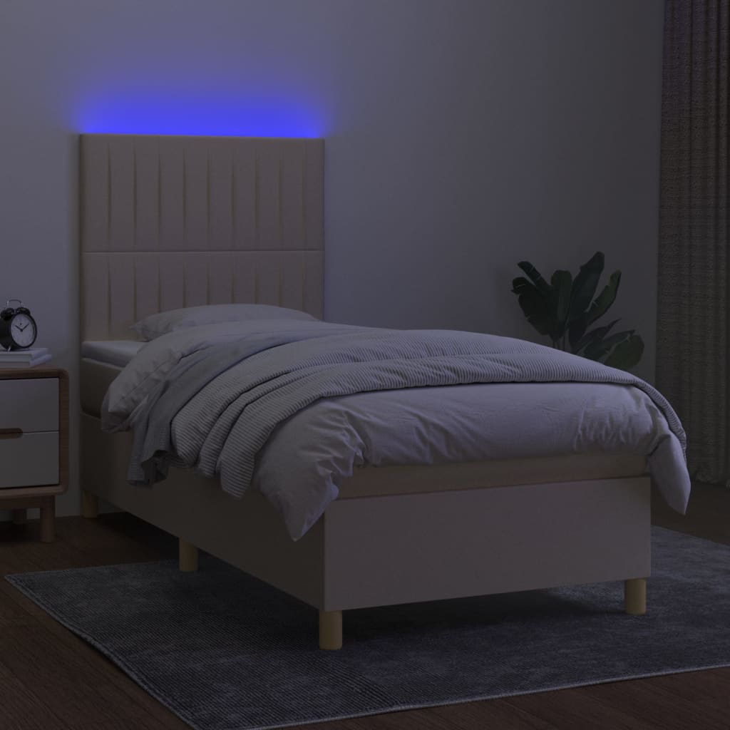 Cama box spring c/ colchão e LED 80x200 cm tecido cor creme