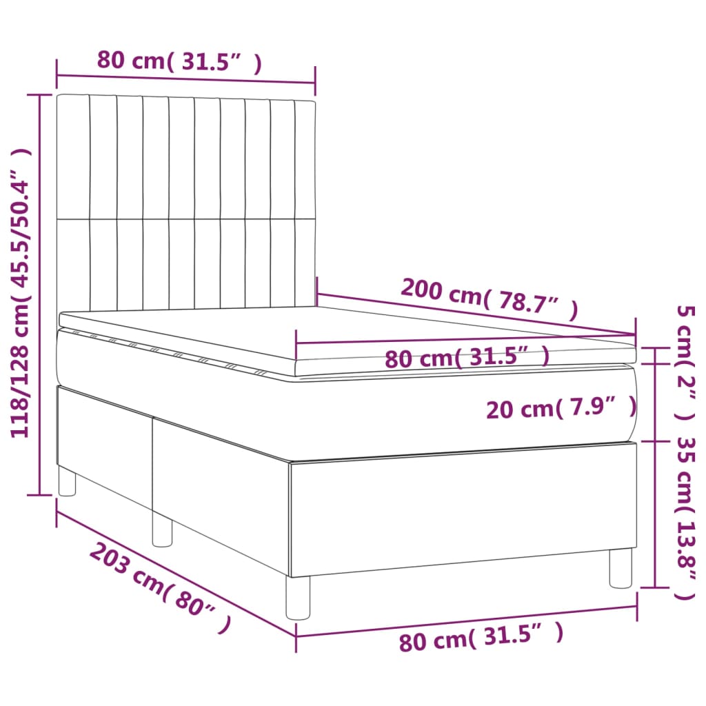 Cama box spring c/ colchão e LED 80x200 cm tecido azul