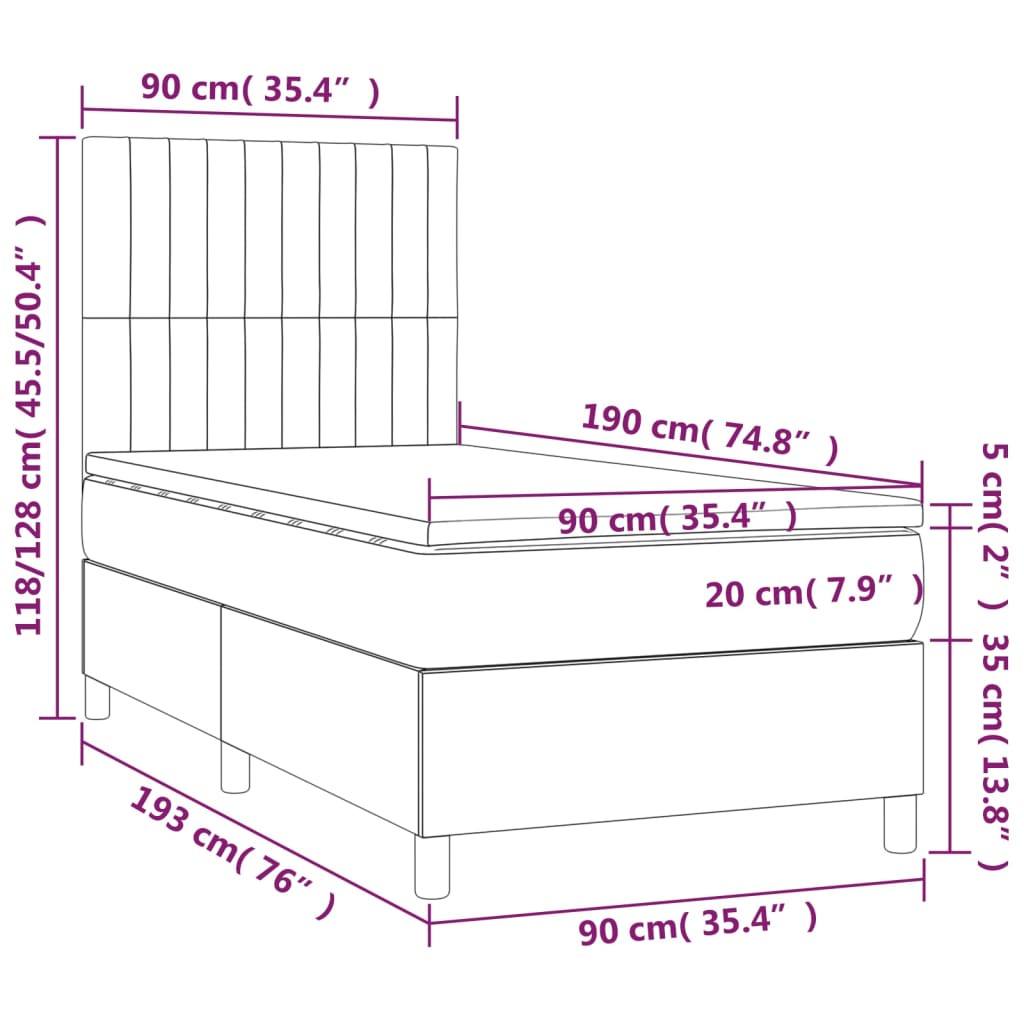 Cama box spring c/ colchão e LED 90x190 cm tecido cinza-claro