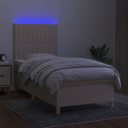 Cama box spring c/ colchão e LED 90x190 cm tecido cor creme