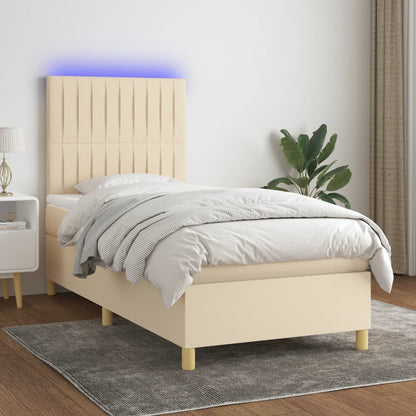 Cama box spring c/ colchão e LED 90x190 cm tecido cor creme