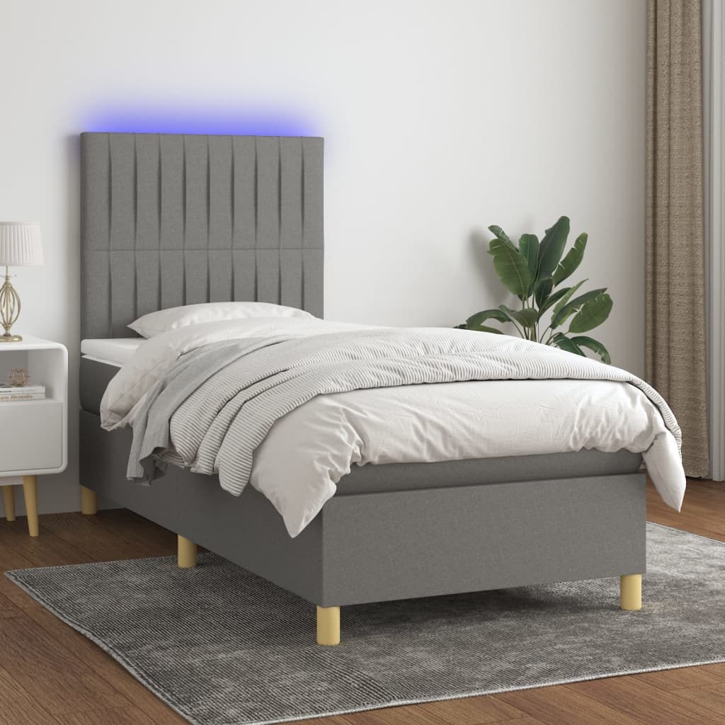 Cama box spring c/ colchão e LED 100x200 cm tecido cinza-escuro