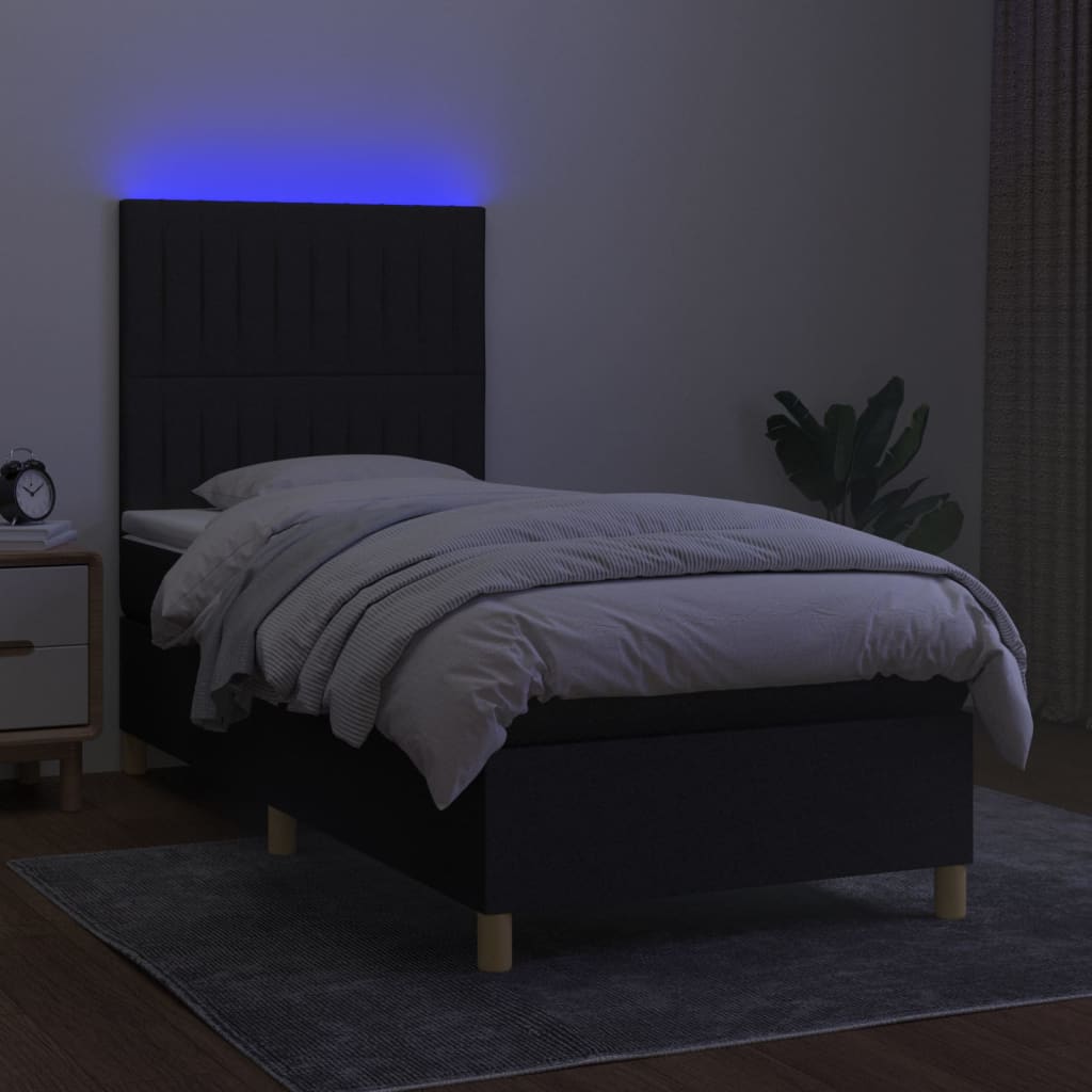 Cama box spring c/ colchão e LED 100x200 cm tecido preto