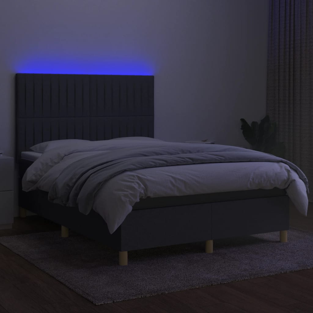 Cama box spring c/ colchão e LED 140x190 cm tecido cinza-escuro