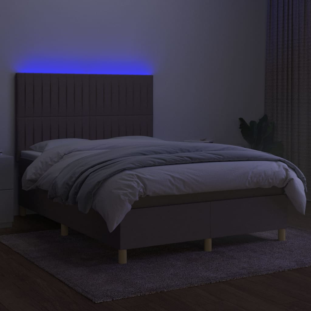 Cama box spring colchão/LED 140x190cm tecido cinza-acastanhado