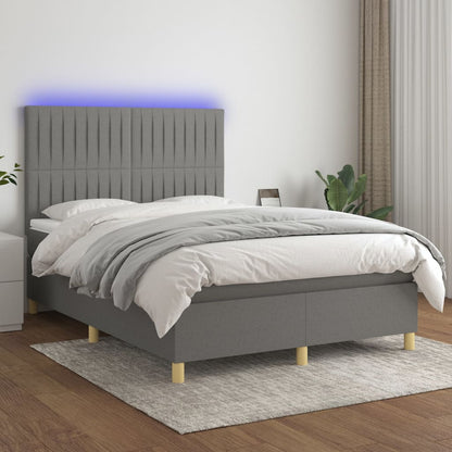 Cama box spring c/ colchão e LED 140x200 cm tecido cinza-escuro