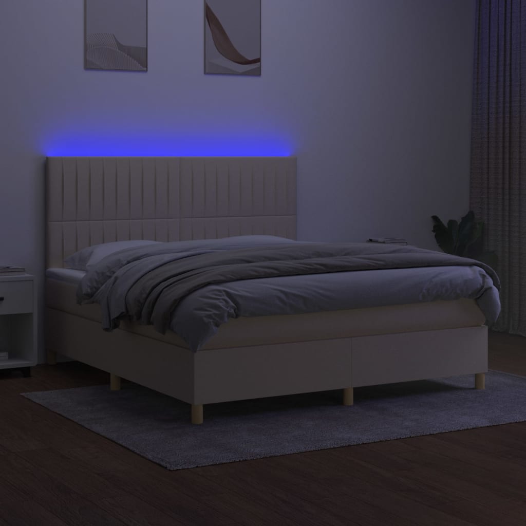 Cama box spring c/ colchão e LED 180x200 cm tecido cor creme