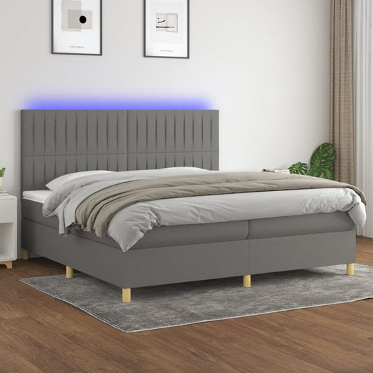 Cama box spring c/ colchão e LED 200x200 cm tecido cinza-escuro