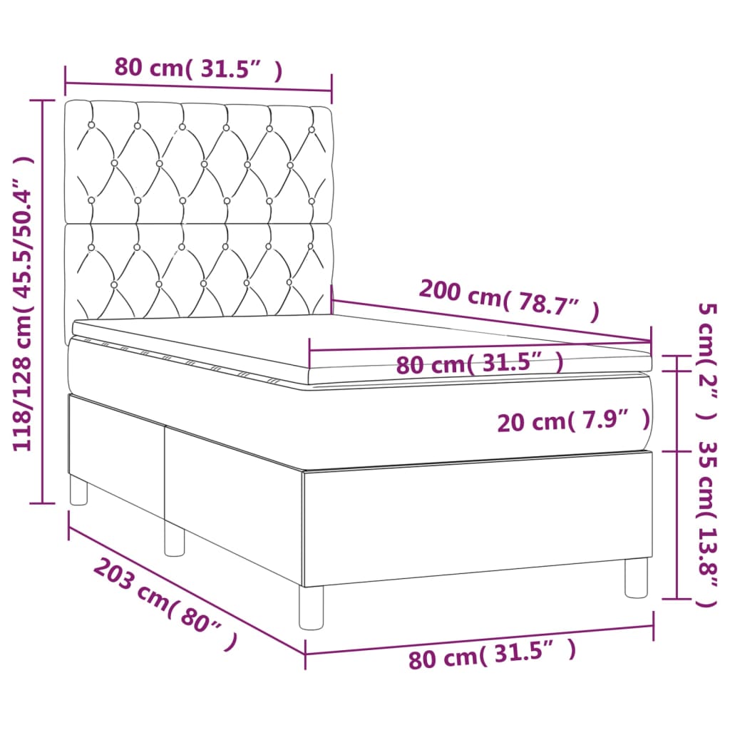 Cama box spring c/ colchão e LED 80x200 cm tecido cinza-claro