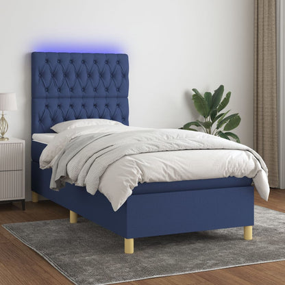 Cama box spring c/ colchão e LED 80x200 cm tecido azul