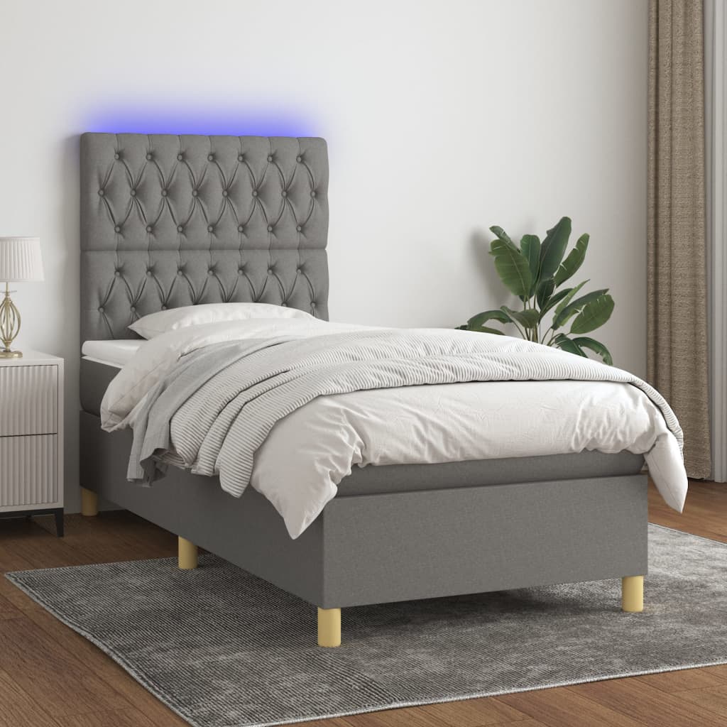 Cama box spring c/ colchão e LED 90x190 cm tecido cinza-escuro