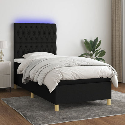 Cama box spring c/ colchão e LED 90x190 cm tecido preto