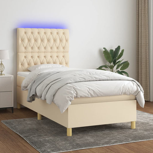 Cama box spring c/ colchão e LED 90x190 cm tecido cor creme