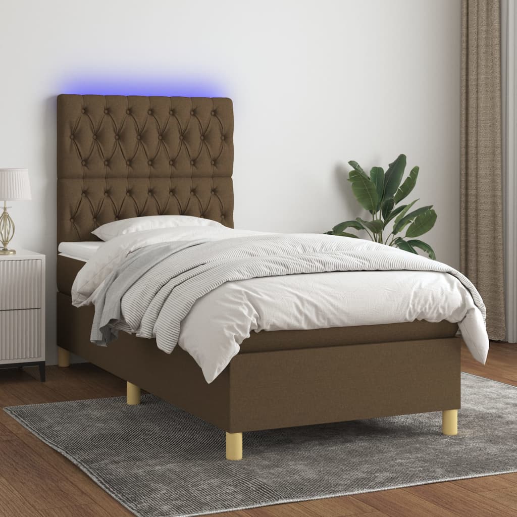 Cama box spring c/ colchão/LED 90x200 cm tecido castanho-escuro