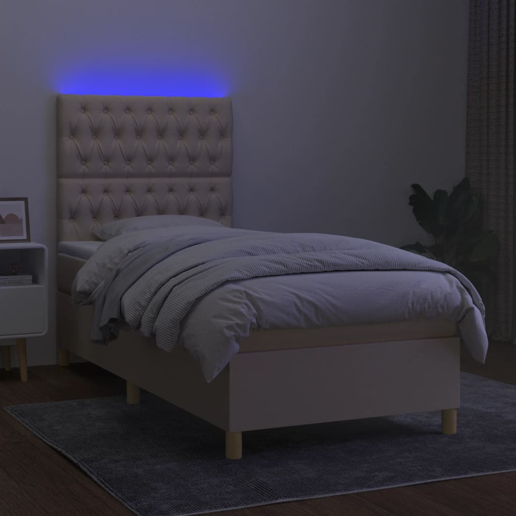 Cama box spring c/ colchão e LED 90x200 cm tecido cor creme