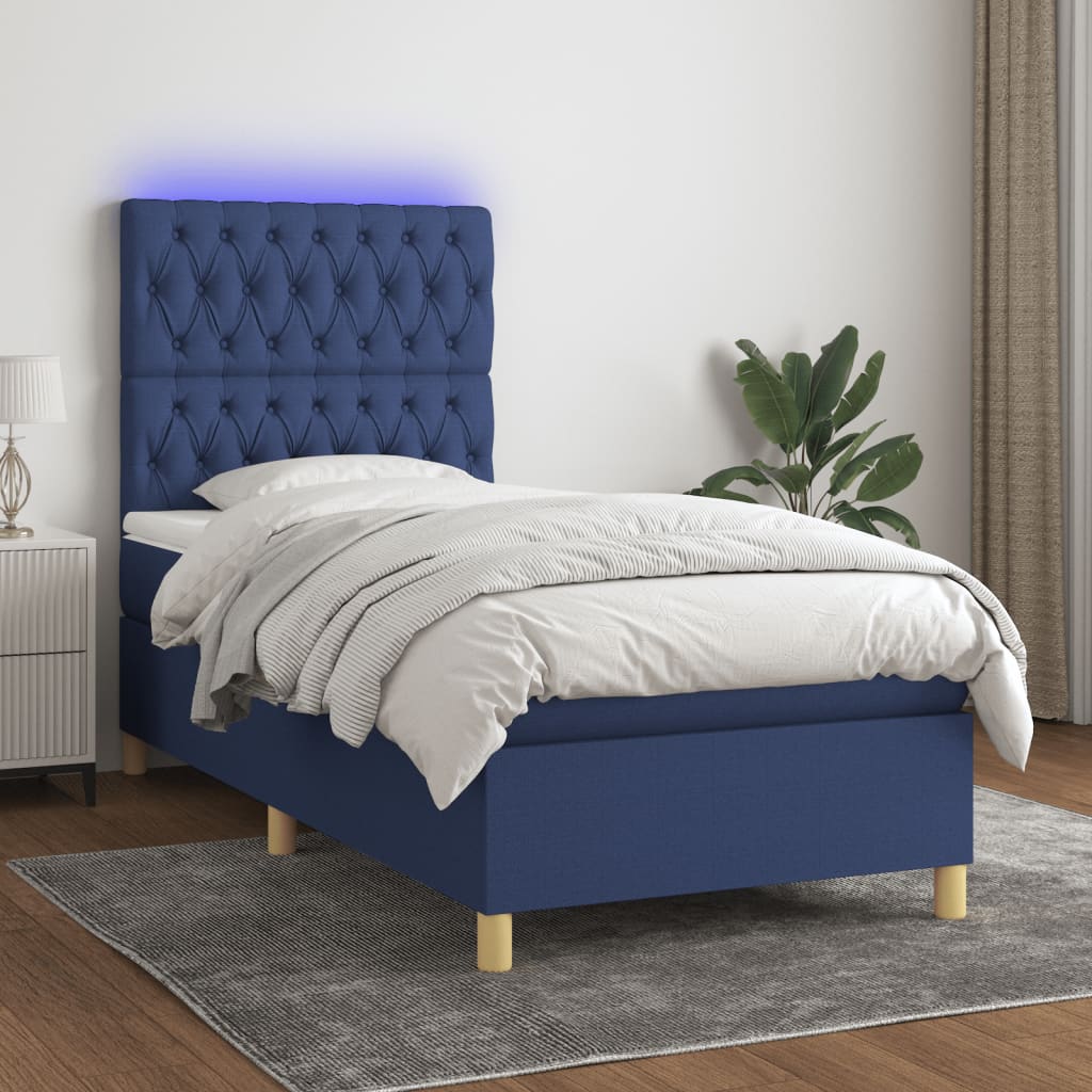 Cama box spring c/ colchão e LED 100x200 cm tecido azul