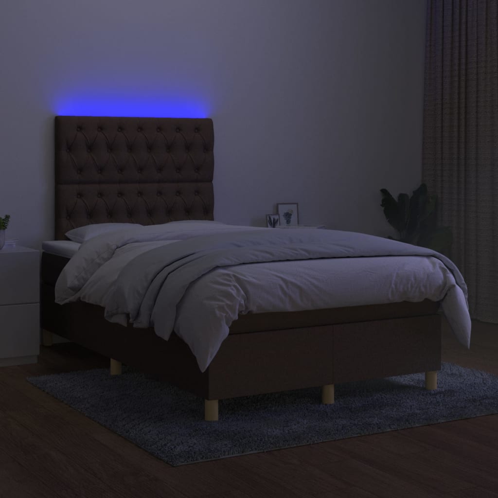 Cama box spring c/ colchão/LED 120x200cm tecido castanho-escuro