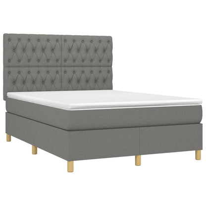 Cama box spring c/ colchão e LED 140x190 cm tecido cinza-escuro