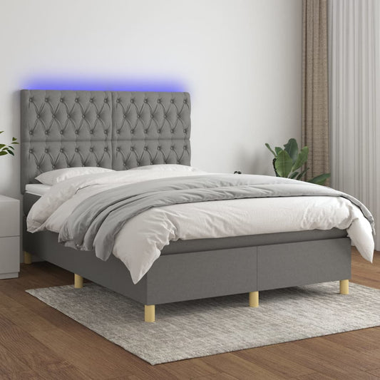 Cama box spring c/ colchão e LED 140x190 cm tecido cinza-escuro