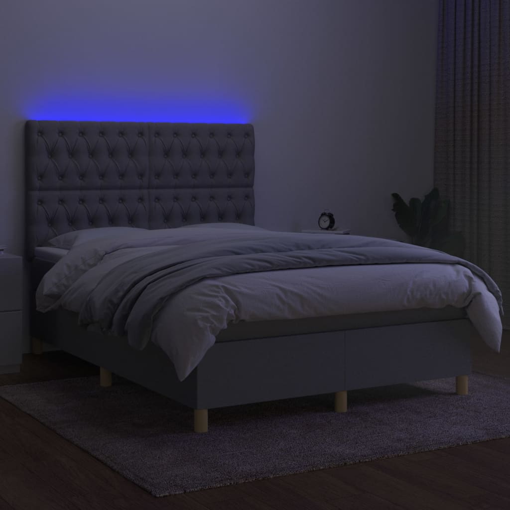 Cama box spring c/ colchão e LED 140x200 cm tecido cinza-claro