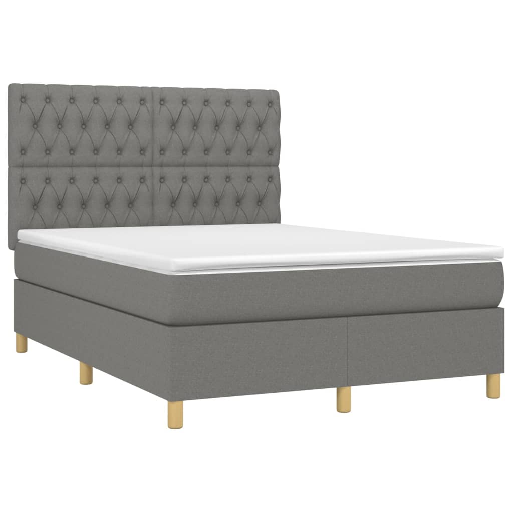 Cama box spring c/ colchão e LED 140x200 cm tecido cinza-escuro