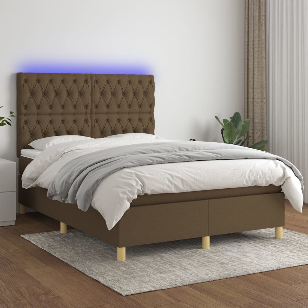 Cama box spring c/ colchão/LED 140x200cm tecido castanho-escuro