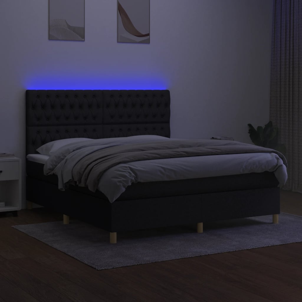 Cama box spring c/ colchão e LED 160x200 cm tecido preto