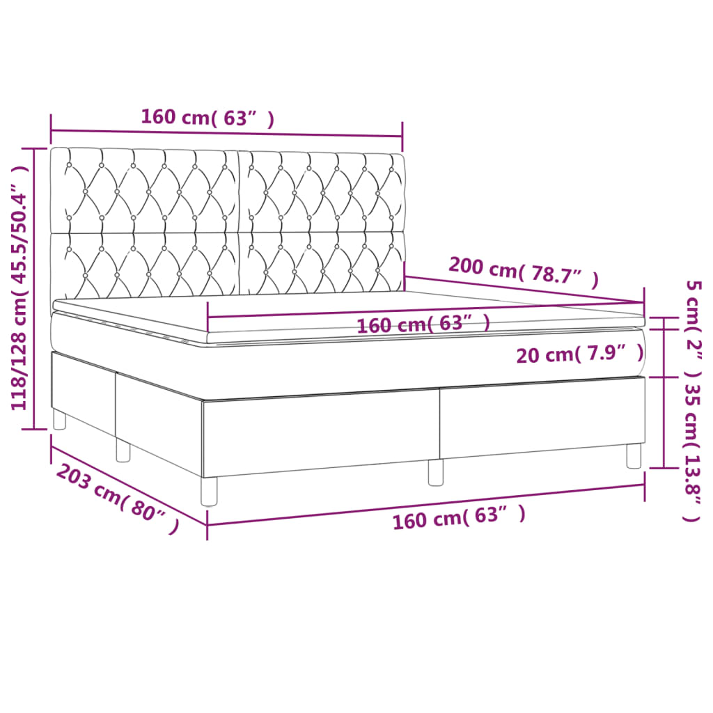 Cama box spring c/ colchão e LED 160x200 cm tecido azul