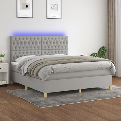 Cama box spring c/ colchão e LED 180x200 cm tecido cinza-claro