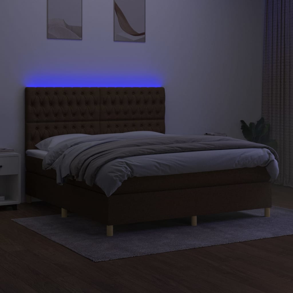 Cama box spring c/ colchão/LED 180x200cm tecido castanho-escuro