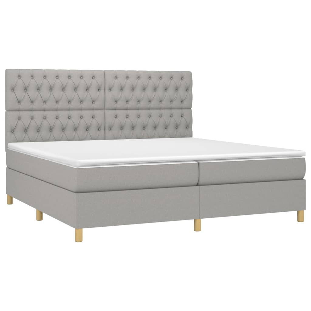 Cama box spring c/ colchão e LED 200x200 cm tecido cinza-claro