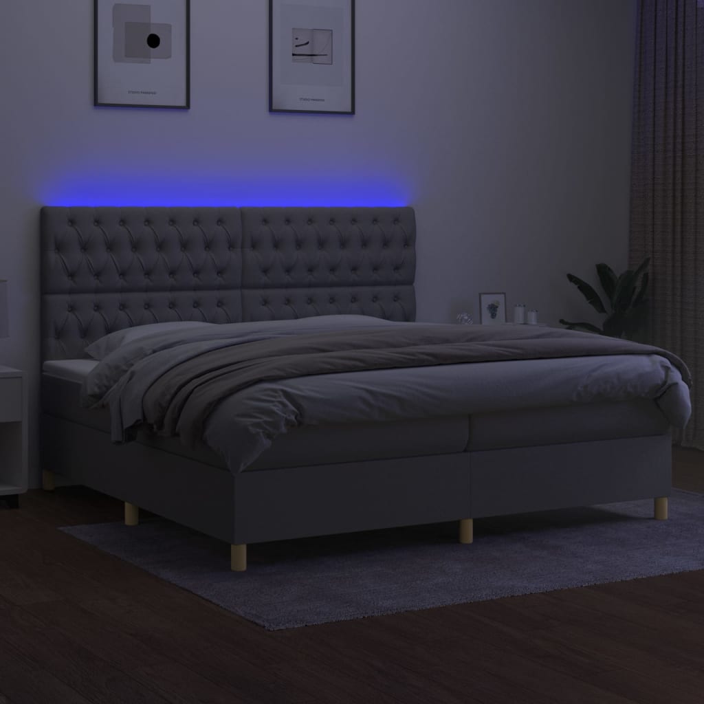 Cama box spring c/ colchão e LED 200x200 cm tecido cinza-claro