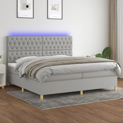 Cama box spring c/ colchão e LED 200x200 cm tecido cinza-claro