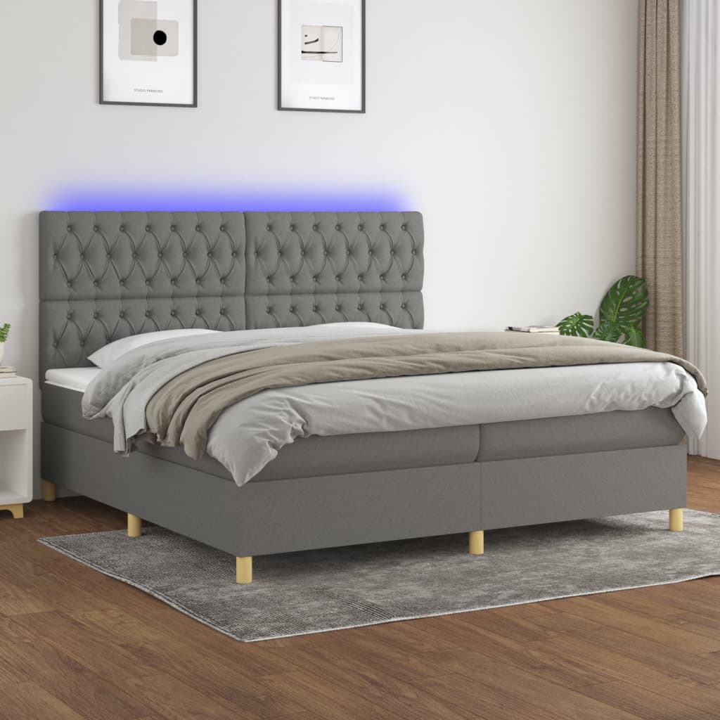 Cama box spring c/ colchão e LED 200x200 cm tecido cinza-escuro