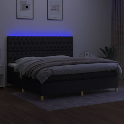 Cama box spring c/ colchão e LED 200x200 cm tecido preto