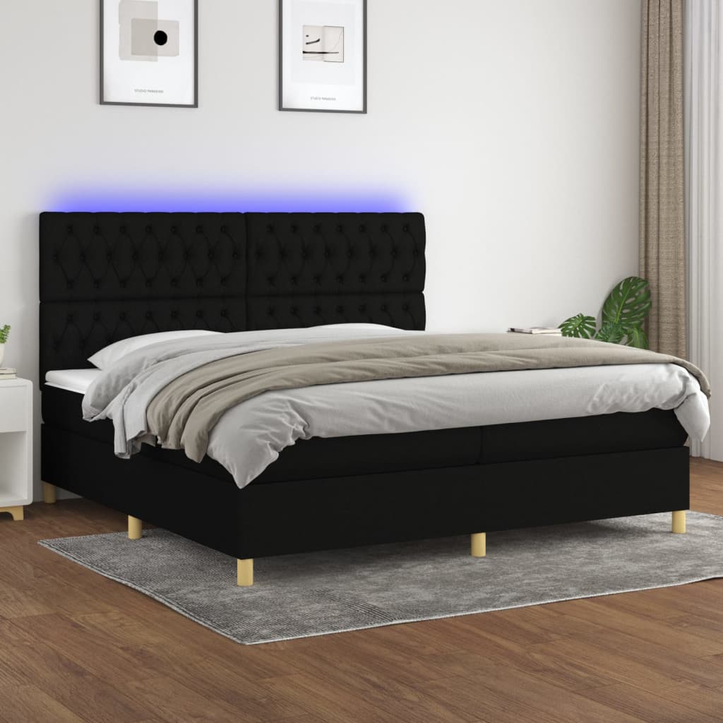 Cama box spring c/ colchão e LED 200x200 cm tecido preto