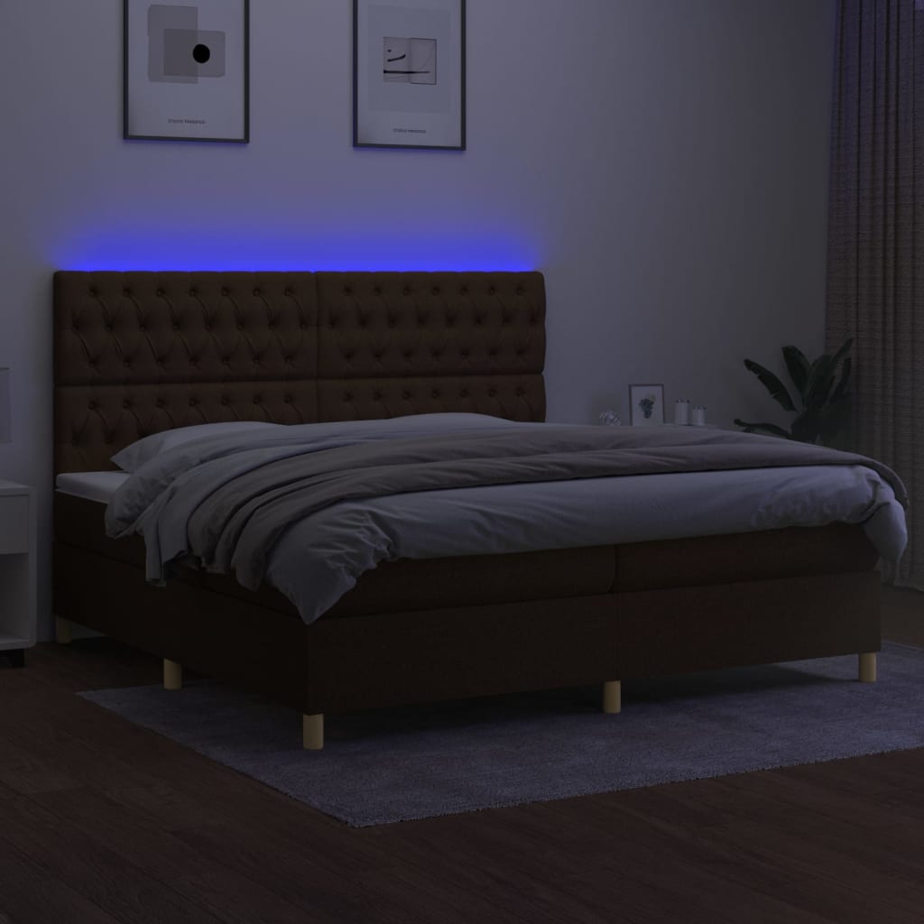 Cama box spring c/ colchão/LED 200x200cm tecido castanho-escuro