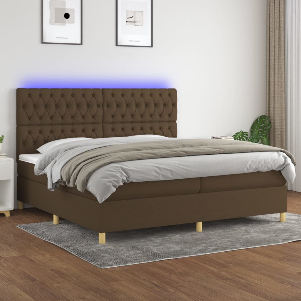 Cama box spring c/ colchão/LED 200x200cm tecido castanho-escuro