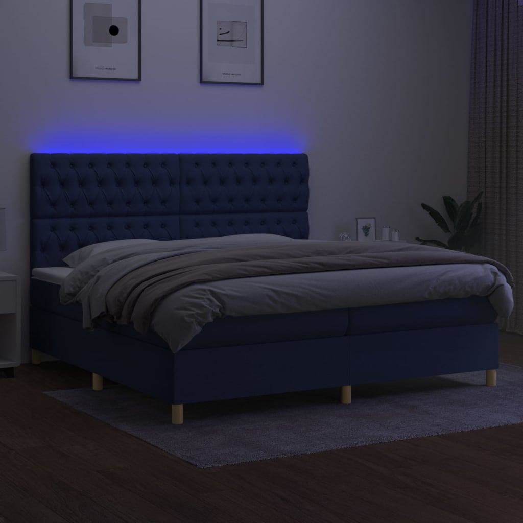 Cama box spring c/ colchão e LED 200x200 cm tecido azul