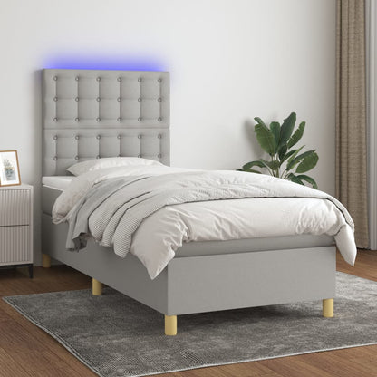 Cama box spring c/ colchão e LED 90x190 cm tecido cinza-claro