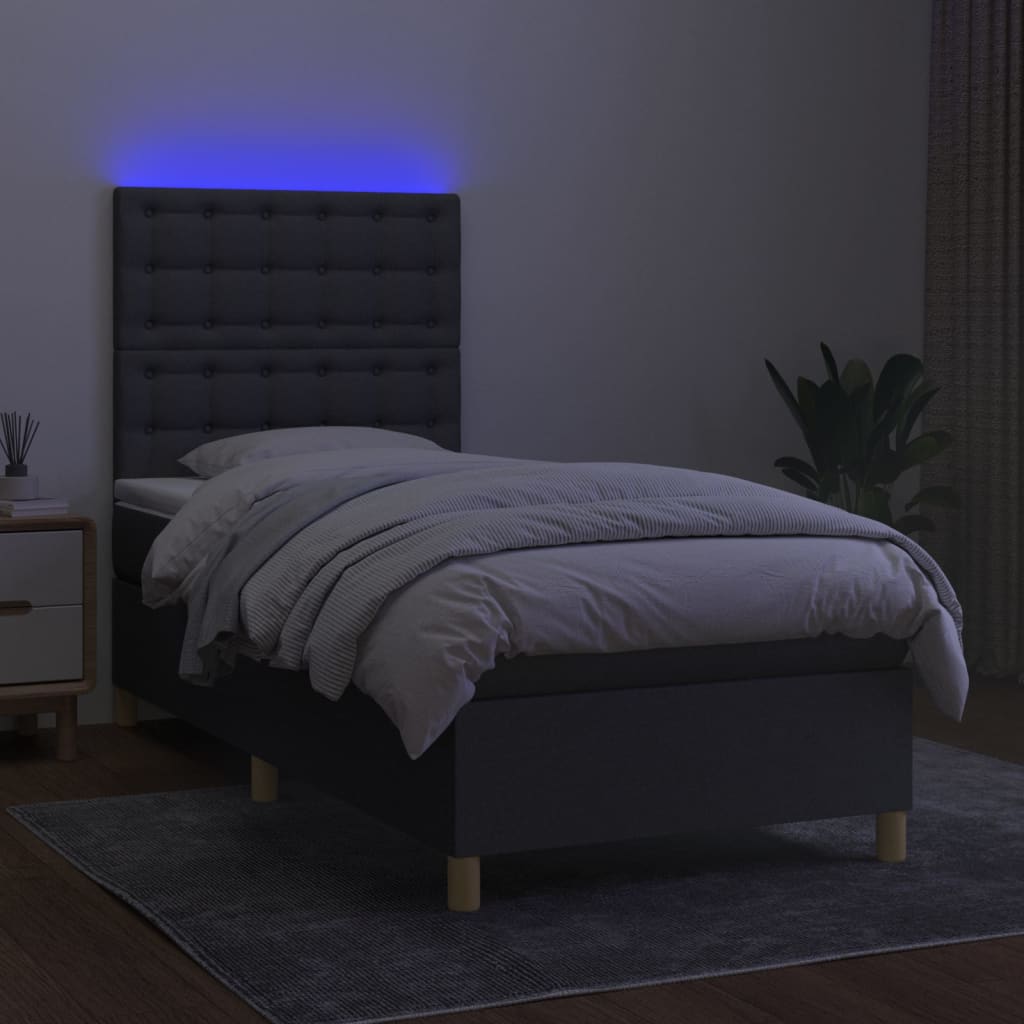 Cama box spring c/ colchão e LED 90x190 cm tecido cinza-escuro