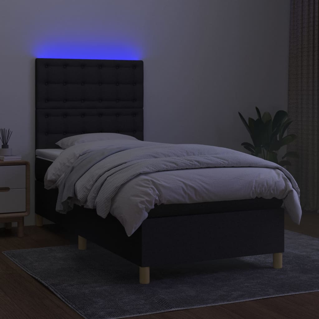 Cama box spring c/ colchão e LED 90x190 cm tecido preto