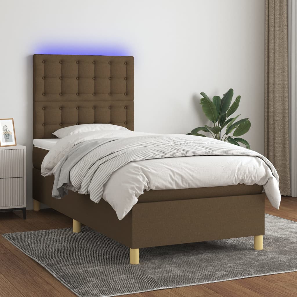 Cama box spring c/ colchão/LED 90x190 cm tecido castanho-escuro