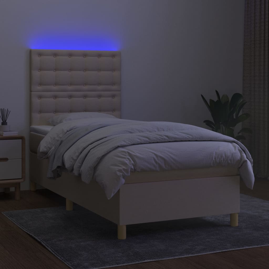 Cama box spring c/ colchão e LED 90x190 cm tecido cor creme