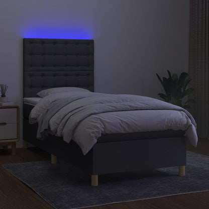 Cama box spring c/ colchão e LED 90x200 cm tecido cinza-escuro